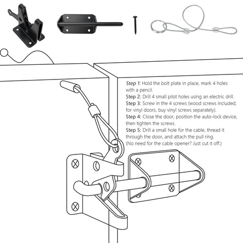 Installation guide for Tough As Nails Heavy Duty Gate Latch With Cable Pull For Wooden Fence, showing components and steps.