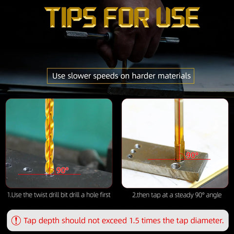 Tips for using Pro Grade 1/4-20 UNC Tap And Number Seven Drill Bit Set, showing drilling and tapping at 90-degree angles on metal.