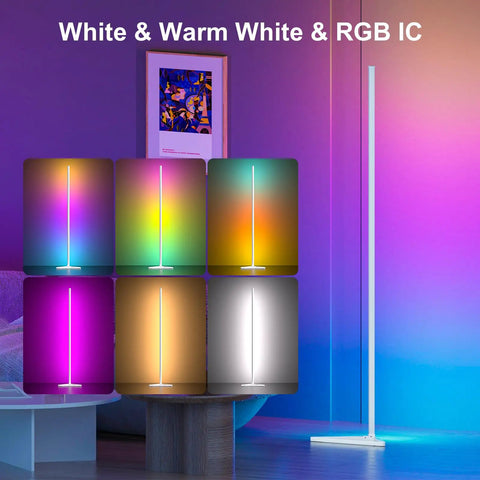 Smart RGB Corner Floor Lamp with App and Remote, 16 Million Colors, 68 Scene Modes, displayed in various color settings.