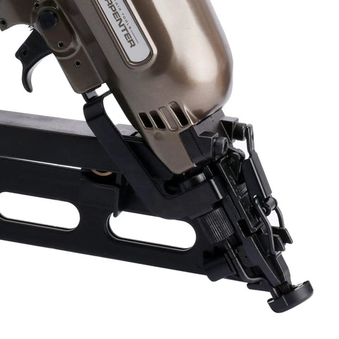 Close-up of Pro Grade 15 Gauge Finish Nailer Pneumatic With 34 Degree Angled Drive, Heavy Duty Aluminum Body, tool-free jam release