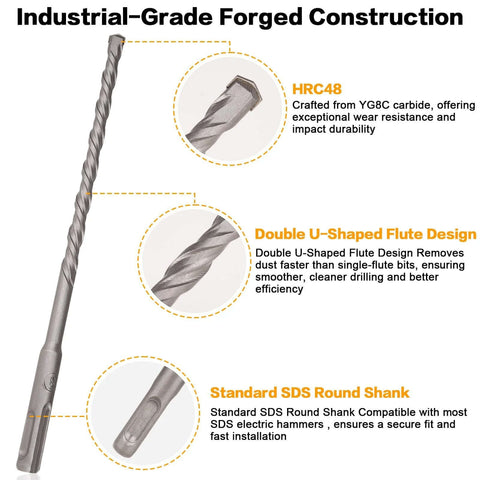 Front view of a YG8C carbide-tipped SDS-plus drill bit with double U-flute and round shank.