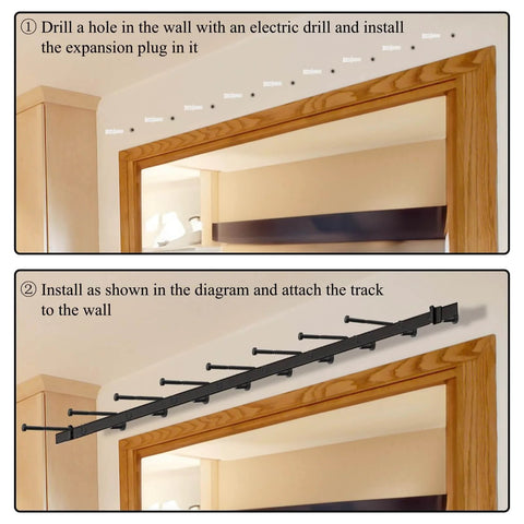 Installation guide showing Ten Piece Barn Door Spacers Set For 2 Inch Sliding Barn Door Hardware with track and wall anchors.