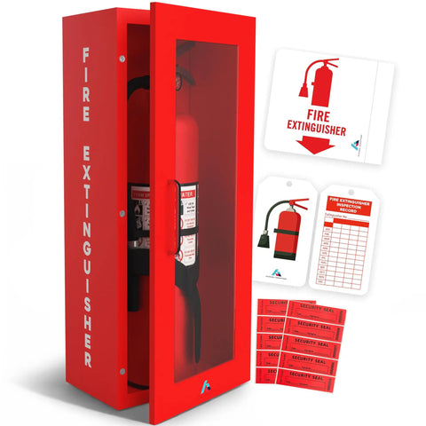 Red Steel Fire Extinguisher Cabinet With Quick Access Magnetic Door Wall Mount Kit Includes 3D Sign Tags Seals Turnkey Ready Fits 5 and 10 Pound Extinguishers 24.6 Inches High 10.6 Inches Wide 5.9 Inches Deep with accessories displayed