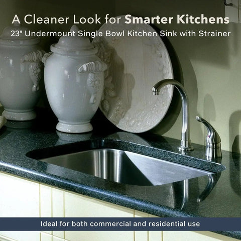 Medallion 23 Inch Classic Series Undermount Stainless Steel Single Bowl Kitchen Sink Built To Last With Cabinet Compatibility And Included Strainer For Easy Install, showcasing seamless integration into countertop.