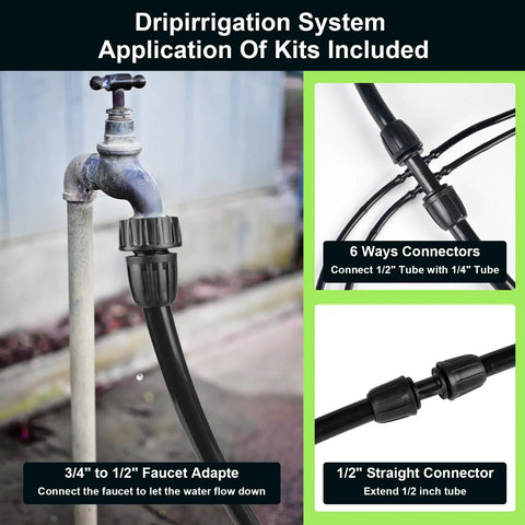 50 Feet 1/2 Inch Drip Irrigation Tubing Main Line Hose For Garden Watering System Includes 2 Six Way Connectors 1/2 Inch Straight Connector And 3/4 To 1/2 Faucet Adapter For Easy Lawn And Garden Irrigation shown with connectors.