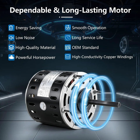 Upgraded One Half HP Blower Fan Motor Direct Drive 115V Three Speed 1075 RPM 48 Frame Sleeve Bearing Quiet HVAC Motor