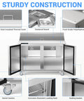 Heavy Duty Commercial Sandwich And Salad Prep Refrigerator With 48 Inch Double Doors Stainless Steel Worktop with swivel casters and thermal cover.