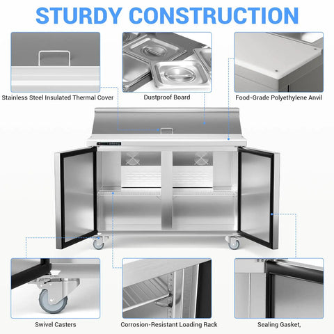Heavy Duty Commercial Sandwich And Salad Prep Refrigerator With 48 Inch Double Doors Stainless Steel Worktop with swivel casters and thermal cover.