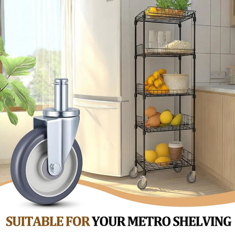 4 Pack 5 Inch Swivel Caster Wheels For Metro Shelving Grip Ring Stem Casters With Non Marking TPR Wheels in kitchen setting