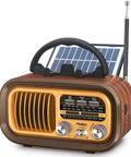 J-150 Portable Radio AM FM SW Bluetooth Speaker with retro vintage look, solar USB charging panel visible, and antenna extended
