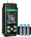 Wood Moisture Meter 3 In 1 Pin Type Digital Tester with batteries, showing color backlit screen, ambient temperature, and humidity readout