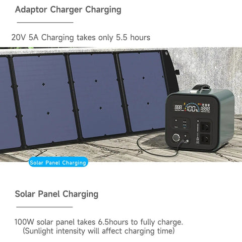 Go Anywhere 500W Solar Generator For Off Grid Power, Camping And Emergency Use shown with solar panel charging on a wooden surface