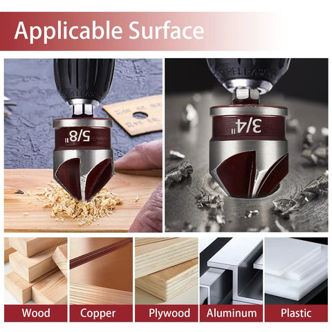 Built Tough Countersink Drill Bit Set with 82 Degree Five Flutes, quick change hex shank for wood, metal, plastic, five sizes shown