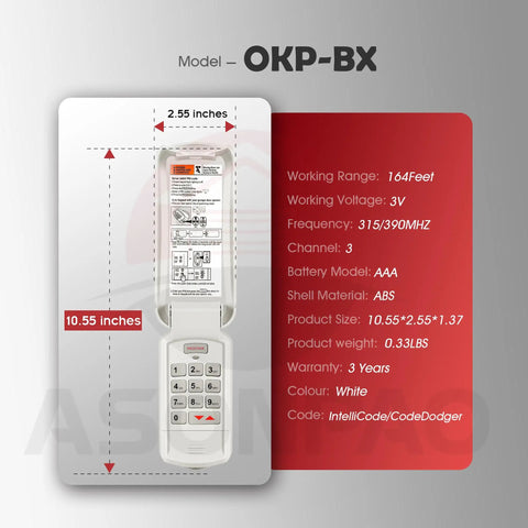 Wireless Overhead Door Opener Keypad For OKP BX Compatible With Overhead Door Legacy Python Odyssey Destiny Phantom Garage Door Openers Replacement 37225R 37517R Not For Dip Switch Opener Must Have with dimensions and specifications displayed next to white keypad.