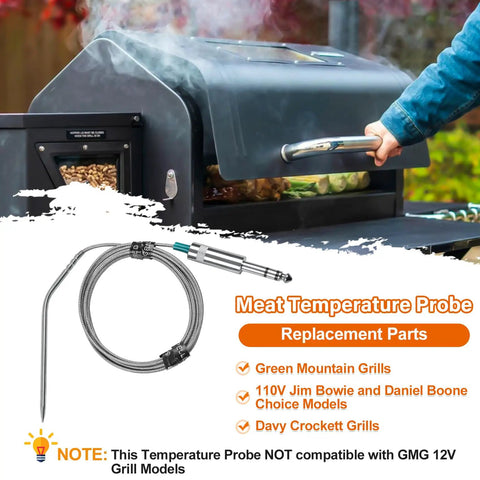 Meat Temperature Probe Replacement For 110V Jim Bowie Daniel Boone Choice Grills And Davy Crockett Wood Pellet Grills Grill Upgrade Compatible GMG P-1035 GMGP40 Temperature Probe Parts For Precise Easy Even Cooking shown with grill