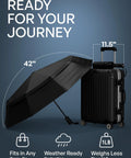 Windproof Travel Umbrella Auto Folding With 85 MPH Wind Resistance Beastly Compact Rain And Sun Shield next to suitcase