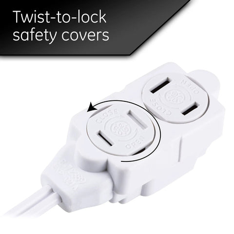 Close-up of twist-to-lock safety covers on Three Outlet Outdoor Power Strip With Twelve Foot Extension Cord 16 Gauge UL Listed