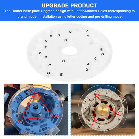 Hardcore Six Point Five Inch Clear Router Base Plate Featuring Letter Marked Mounting Holes For DeWalt Craftsman Hitachi Pro Acrylic Sub Base Shop Ready Upgrade Built Tough For Zero Sweat Routing, showing mounted design and alignment holes.