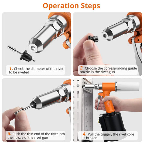 Heavy Duty Pneumatic Rivet Gun Is A Powerhouse Beast With 3924Lbf Pull Force And Five Nosepieces steps for operation.