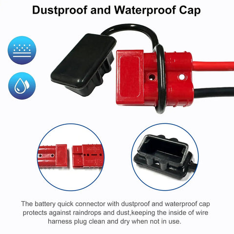 2 Pc 50A Battery Quick Connector Cables 1.64ft 8Awg Heavy Duty features a dustproof waterproof cap for cable protection.
