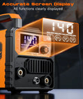 Close-up of Gasless MIG Welder 110V 3 In 1 Flux Core Arc MIG Lift TIG Welding Machine with LCD displaying 140A output