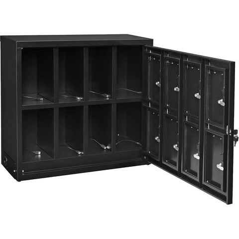 Eight Door Smartphone Charging Locker Featuring Sturdy Steel Build And Handy Power Outlets open with eight compartments for devices.