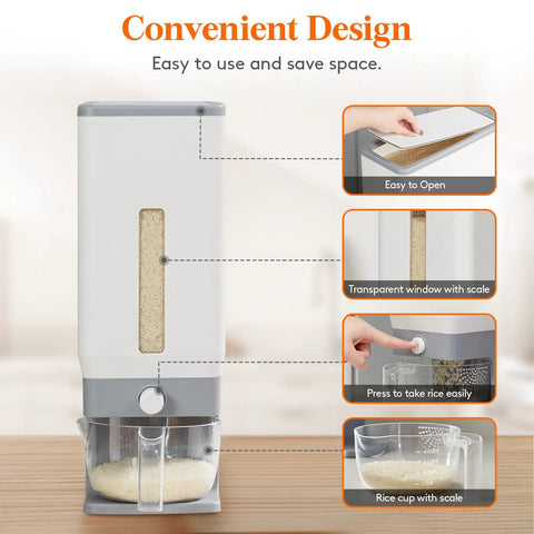 No Sweat 25 Lb One Press Rice Dispenser With Measuring Cup Airtight Bulk Grain Bin For Kitchen Pantry Seal In Freshness Simple Setup Reliable Performance