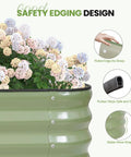 Close-up of 12-inch tall outdoor metal raised bed with flowers, showing safety features of 4-In-1 Adjustable Raised Garden Bed Kit.