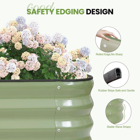 Close-up of 12-inch tall outdoor metal raised bed with flowers, showing safety features of 4-In-1 Adjustable Raised Garden Bed Kit.