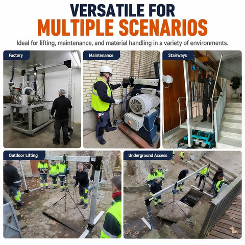 Portable Aluminum Gantry Crane With 4400 Lb Capacity Adjustable Height And Width Tuned For Low Ceilings, used in factories, maintenance, and outdoor lifting.