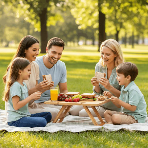 Family enjoying a picnic with Portable Wine Picnic Table With Five Glass Holders Foldable Snack Tray in a park