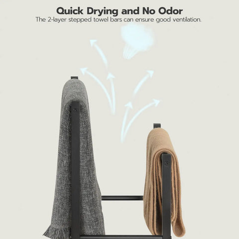 Freestanding Towel Rack And Blanket Holder For Bathroom, Two Tier Drying And Display Shelf In Rustic Brown And Black Finish