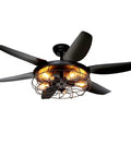 52 Inch Farmhouse Ceiling Fan With Light And Remote, Black Industrial Ceiling Fan showing caged light and reversible blades