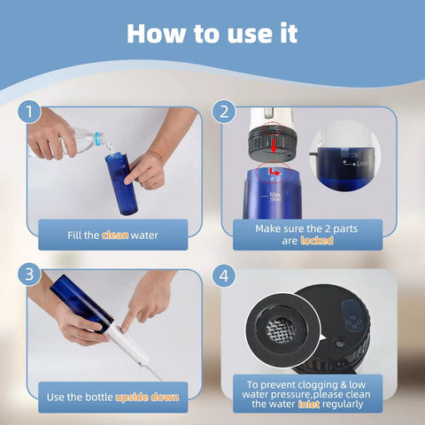 Instructions for Portable Travel Bidet On The Go High Pressure Handheld Electric Sprayer USB Rechargeable For Women And Men Dual Spray Modes For Deep Clean And Gentle Rinse Water Filling Options Personal Hygiene Care And Postpartum Comfort Blue