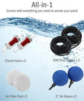 All In One Pond Aerator Kit For Outdoor Ponds Up To 1000 Gallons with air stones, check valves, airline tubing, and filter pads.