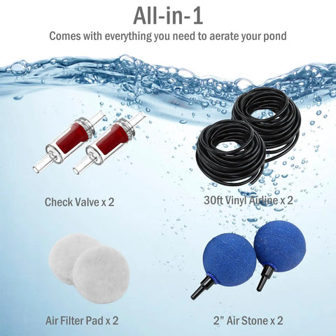 All In One Pond Aerator Kit For Outdoor Ponds Up To 1000 Gallons with air stones, check valves, airline tubing, and filter pads.