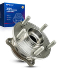 Front Wheel Bearing Hub Assembly 5 Lug Plug In Replacement For 2015 To 2019 Hyundai Sonata, 2016 To 2021 Hyundai Tucson, 2017 To 2021 Kia Sportage Easy Install OEM Quality Durable Ready To Roll; front view next to packaging.