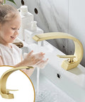 Child using Dope Brushed Gold Bathroom Sink Faucet With Sleek Single Handle And Single Hole Install Brass Lavatory Vanity Faucet Basin Mixer Tap Includes Supply Hose And Pop Up Drain Assembly