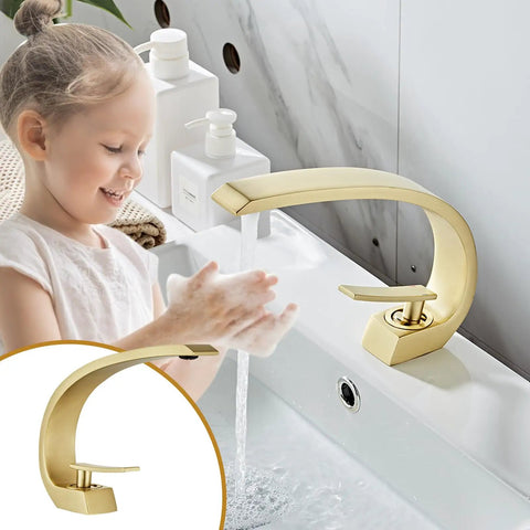Child using Dope Brushed Gold Bathroom Sink Faucet With Sleek Single Handle And Single Hole Install Brass Lavatory Vanity Faucet Basin Mixer Tap Includes Supply Hose And Pop Up Drain Assembly