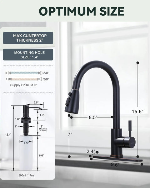 Oil Rubbed Bronze Kitchen Faucet With Soap Dispenser, 16 Inch High Arc Pull Down, Single Handle, Deck Plate, dimension illustration