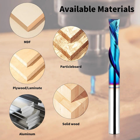 Five Piece Spiral Router Bits Set Up Down Cut Compression Bits Quarter Inch Shank CNC cutting wood materials display