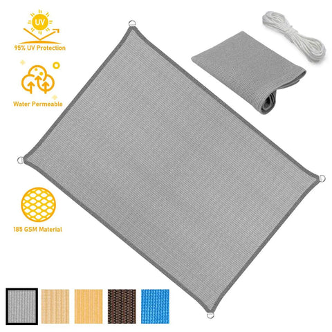 5 By 7 Foot Gray Sun Shade Sail Straight Edge Canopy For Outdoor Patio Lawn Garden Backyard Carport UV Blocking Ninety Five Percent Easy Install With Durable Ropes For Quick Shade displayed with folded fabric and ropes