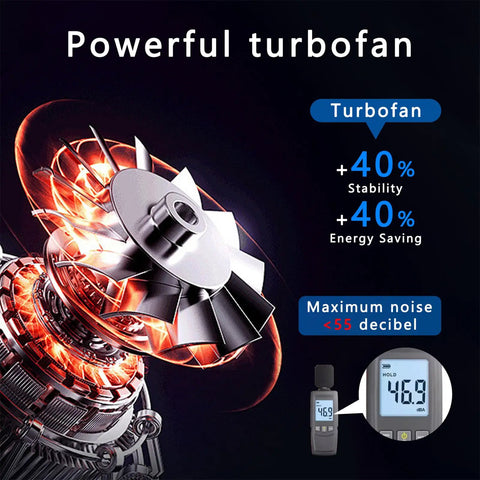 Powerful turbofan showcasing metallic blades and heat elements, designed for efficiency and low noise in ventilation systems.