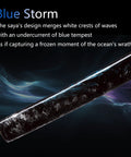 Beast Mode Spring Steel Katana hand-forged blade detail with blue and white wave design for Iaido practice and display.