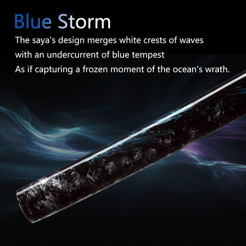 Beast Mode Spring Steel Katana hand-forged blade detail with blue and white wave design for Iaido practice and display.