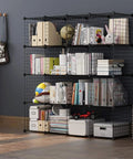 Dope Metal Storage Cubes Set For Shelving And Closet Organization Great For Bedroom Living Room And Office Black Sixteen Cubes Set Stackable Modular Bookshelf System displayed with books and decor items.