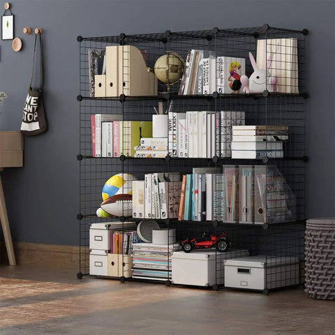 Dope Metal Storage Cubes Set For Shelving And Closet Organization Great For Bedroom Living Room And Office Black Sixteen Cubes Set Stackable Modular Bookshelf System displayed with books and decor items.