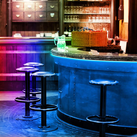 RGB Neon Rope Light 50 Feet LED Strip illuminating indoor bar, flexible PVC, ambient neon tape, IP67, with RF remote controller