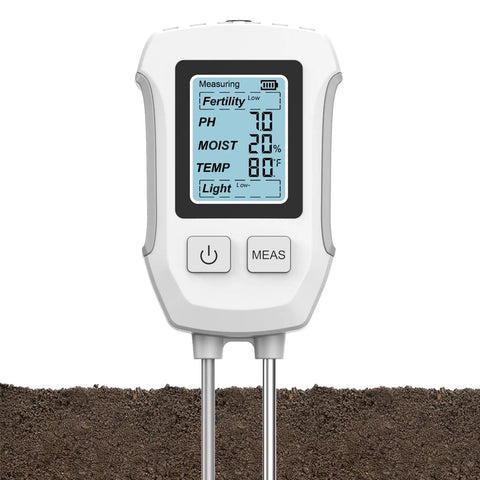 No Fuss All In One 5 In 1 Soil Tester With Dual Probe Digital 2026 Soil Meter displaying moisture, pH, temperature, sunlight readings.