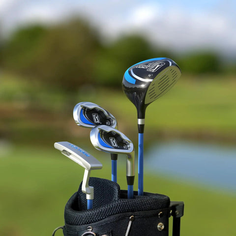 7 Piece Junior Golf Club Set For Ages 8 To 12, Right Handed, Height 56 To 62 Inches, Blue Youth Golf Gear in bag outdoors